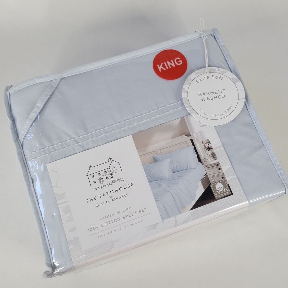 Shabby Chic 4pc KING Sheets Set Solid Light Blue Cotton Farmhouse Rachel Ashwell